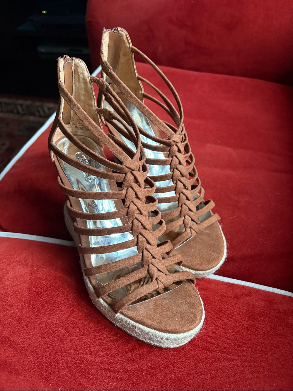 Carlos Santana Tan Braided Strappy Espadrille Wedge Sandals - Picture 2 of 6